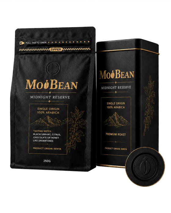 MoiBean coffee pouch and tin product mockup